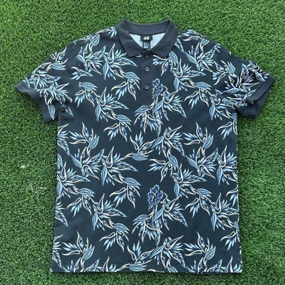 H&M Men's Navy Leaf Pattern Polo  BD3